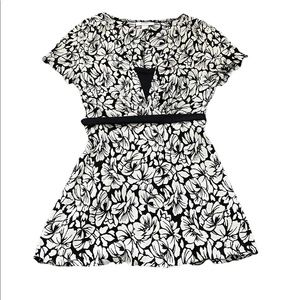 Dress Barn - Tie-back Blouse - Floral / Ribbed Pattern - Black & White - Size: 8